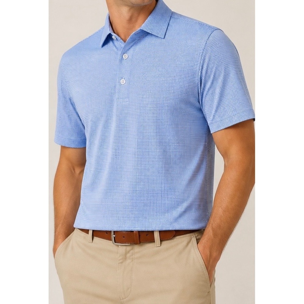 NWT Collars & Co Semi Spread Collar Polo Shirt Medium Relaxed Blue‎ Houndstooth